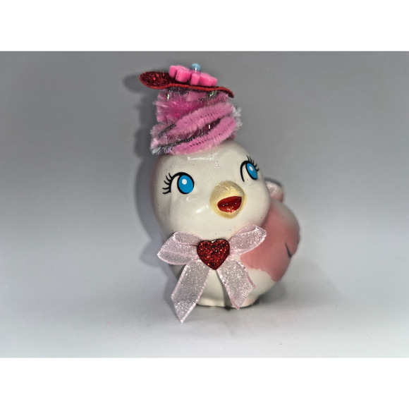 Vintage Pink Ceramic Bird Valentines Day Pink Flower Princess Heart Hat OMG OOAK - Picture 7 of 16